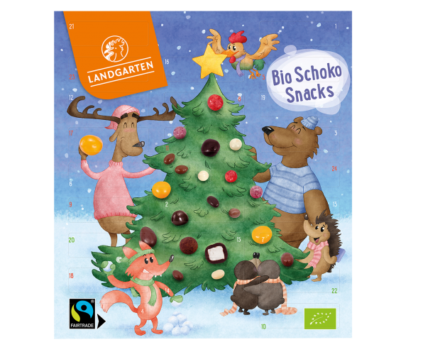 Adventskalender mit Bio Fairtrade Schokoladen Snacks